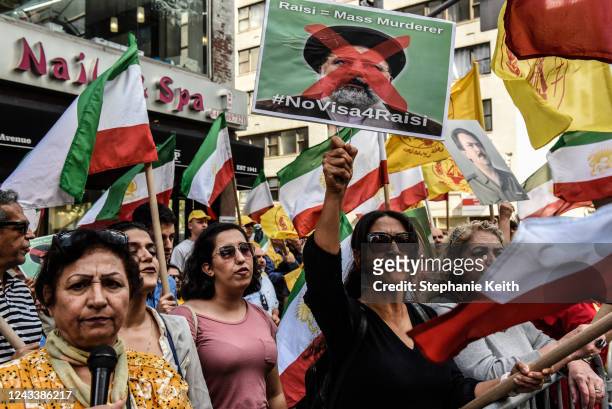 People rally against Ebrahim Raisi, President of Iran, near the United Nations on September 20, 2022 in New York City. After two years of holding the...