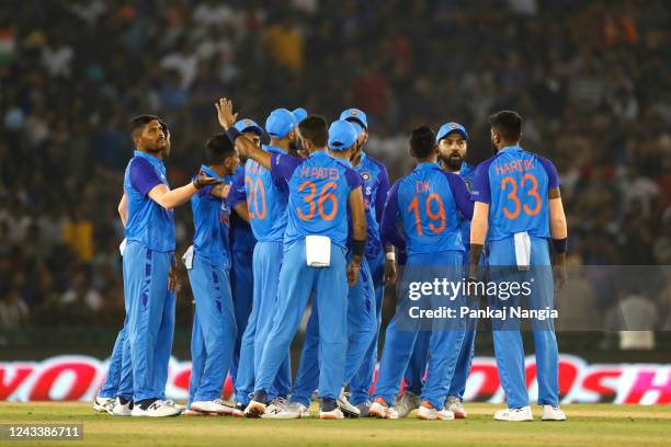 Umesh Yadav of India celebrates the wicket of Steve Smith of Australia during game one of the T20 International series between India and Australia at...