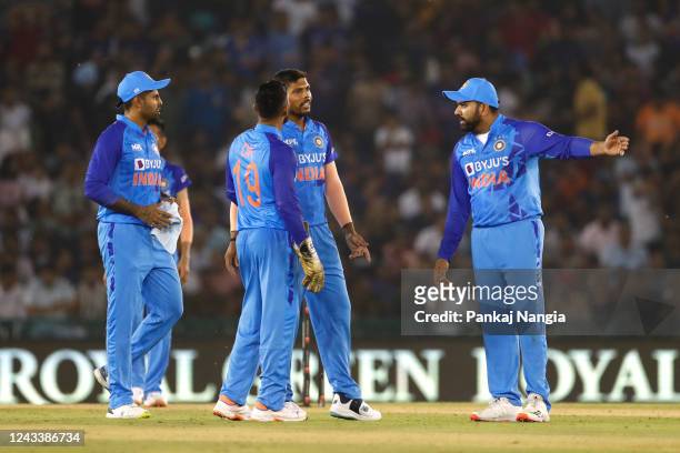 Rohit Sharma of India reacts during game one of the T20 International series between India and Australia at Punjab Cricket Association Stadium on...