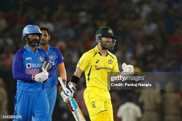 Matthew Wade of Australia celebrate the victory during game one of the T20 International series between India and Australia at Punjab Cricket...