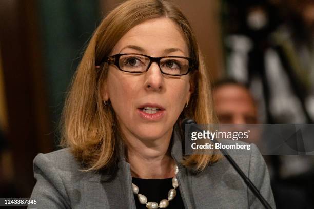 Elizabeth Rosenberg, assistant secretary for terrorist financing and financial crimes at the US Department of the Treasury, speaks during a Senate...