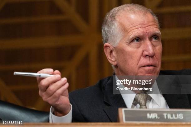 Senator Thom Tillis, a Republican from North Carolina, speaks during a Senate Banking, Housing, and Urban Affairs Committee hearing in Washington,...