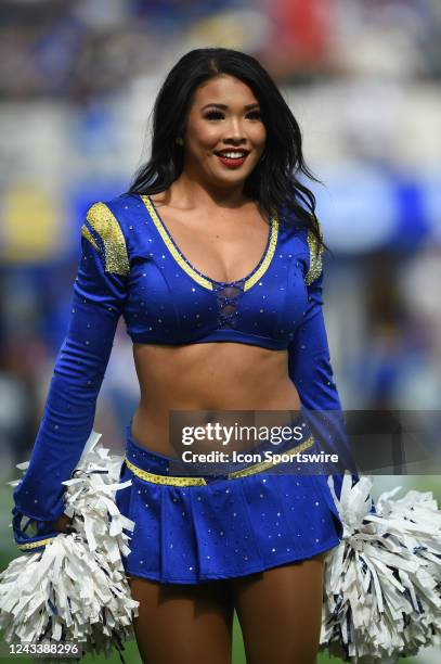 Rams cheerleader performs during an NFL game between the Atlanta Falcons and the Los Angeles Rams on September 18 at SoFi Stadium in Inglewood, CA.