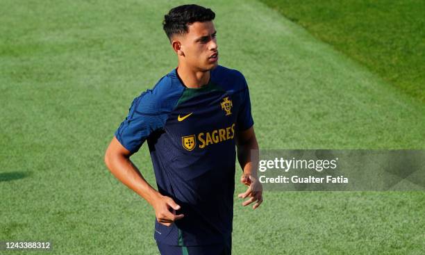 Matheus Nunes of Wolverhampton Wanderers and Portugal in action during the Portugal National Team Training Session at Cidade do Futebol FPF on...