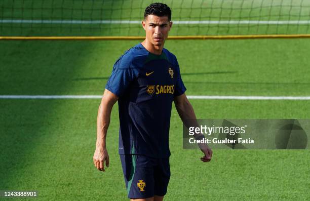 Cristiano Ronaldo of Manchester United and Portugal during the Portugal National Team Training Session at Cidade do Futebol FPF on September 20, 2022...