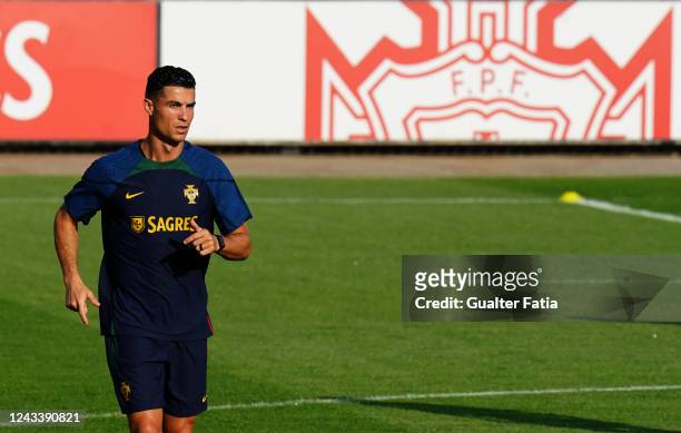 Cristiano Ronaldo of Manchester United and Portugal in action during the Portugal National Team Training Session at Cidade do Futebol FPF on...