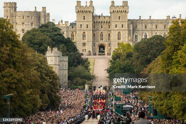 The Royal Family await the procession along the Long Walk of Queen Elizabeth II's coffin in the State Hearse inside Windsor Castle for a Committal...