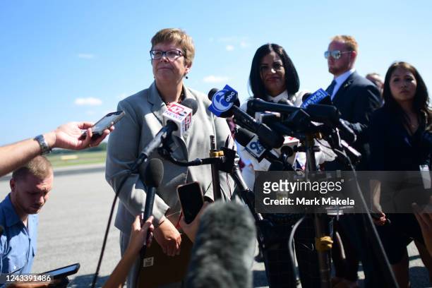 Jill Fredel, Director of Communications at the Department of Health and Human Services, addresses the media at Delaware Coastal Airport on September...