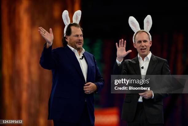 Bret Taylor, co-chief executive officer of Salesforce.com Inc., right, and Marc Benioff, co-chief executive officer of Salesforce.com Inc., wear...