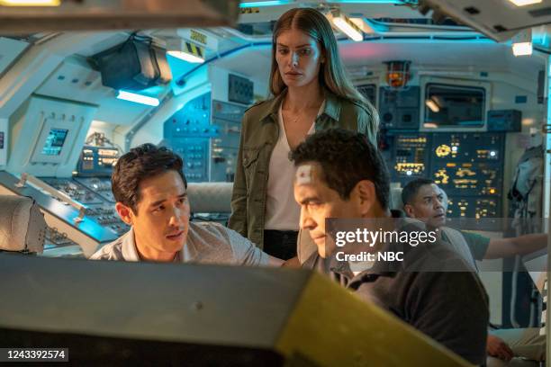 Atlantis Episode 102 -- Pictured: Raymond Lee as Dr. Ben Song, Caitlin Bassett as Addison, Jose Zuniga as Commander Jim Reynolds, Leith Burke as Max...