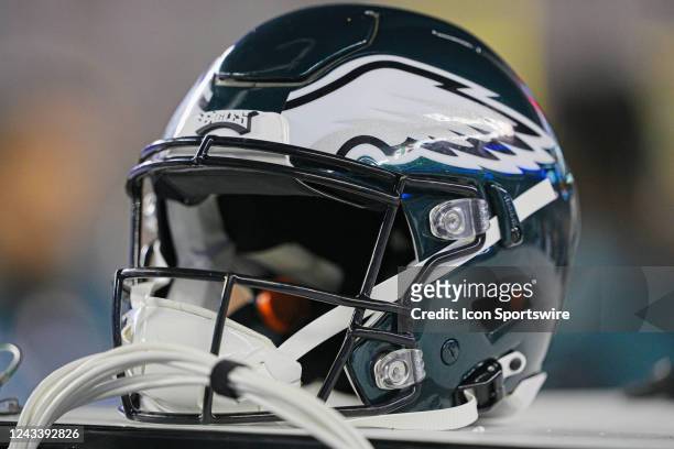 Philadelphia Eagles helmet sits on a cart during game between the Minnesota Vikings and the Philadelphia Eagles on September 19, 2022 at Lincoln...