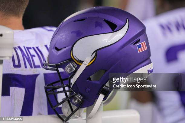 Minnesota Vikings helmet sits on a cart during the game between the Minnesota Vikings and the Philadelphia Eagles on September 19, 2022 at Lincoln...