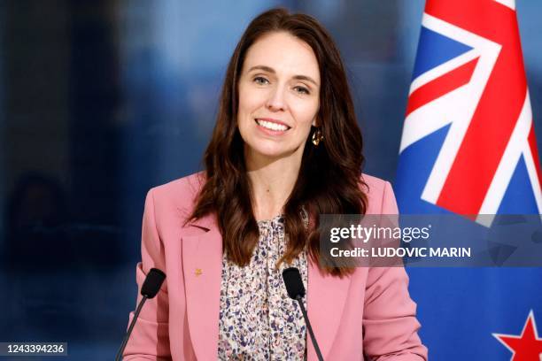 New Zealand Prime Minister Jacinda Ardern holds a press conference with French President Emmanuel Macron following talks on the sidelines of the 77th...