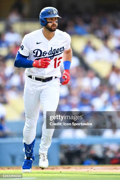 Los Angeles Dodgers left fielder Joey Gallo runs up the first base line during the MLB game between the San Diego Padres and the Los Angeles Dodgers...