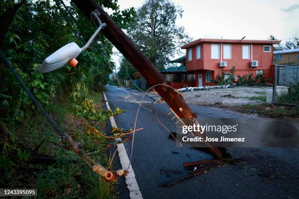 View of a downed electricity pole on September 20, 2022 in Cabo Rojo, Puerto Rico. Although little damage to the electrical grid was visible, over...