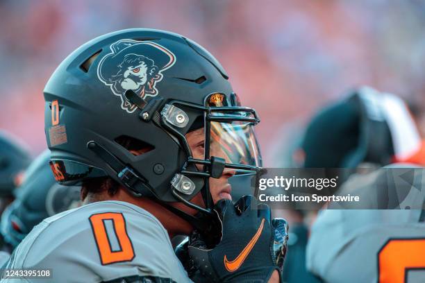 Oklahoma State Cowboys linebacker Mason Cobb in a huddle during the game against the Arkansas-Pine Bluff Golden Lions on September 17th, 2022 at...