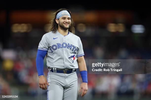 Bo Bichette of the Toronto Blue Jays looks on in the fourth inning during the game between the Toronto Blue Jays and the Philadelphia Phillies at...