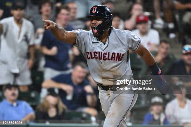 Amed Rosario of the Cleveland Guardians reacts after being called out at home plate in the seventh inning against the Chicago White Sox at Guaranteed...