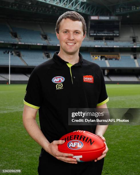 Goal Umpire, Sam Walsh poses for a photo during the 2022 Grand Final Umpires Announcement at Marvel Stadium on September 21, 2022 in Melbourne,...