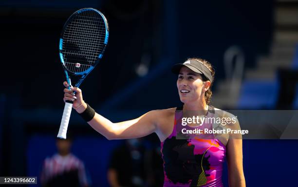 Garbine Muguruza of Spain celebrates defeating Despina Papamichail of Greece in her second round match on Day 3 of the Toray Pan Pacific Open at...