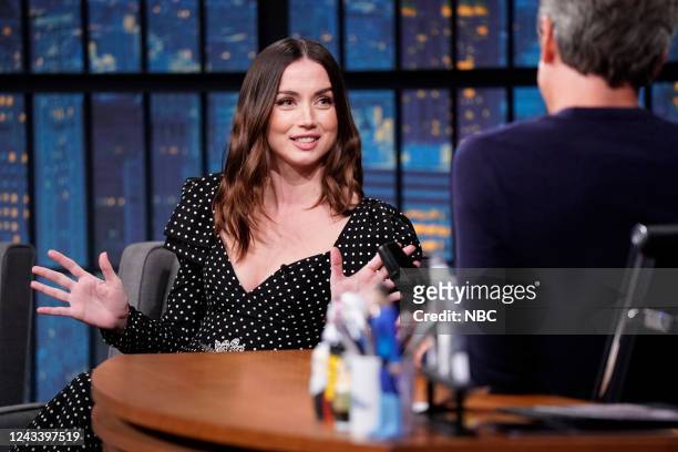 Episode 1332 -- Pictured: Actress Ana de Armas during an interview with host Seth Meyers on September 20, 2022 --