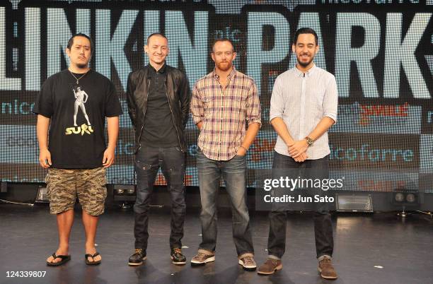 David Farrell, Joe Hahn, Chester Bennington and Mike Shinoda of Linkin Park attend Tsunami Relief Fundraiser Art Show For Japan 'A Thousand Horizons'...