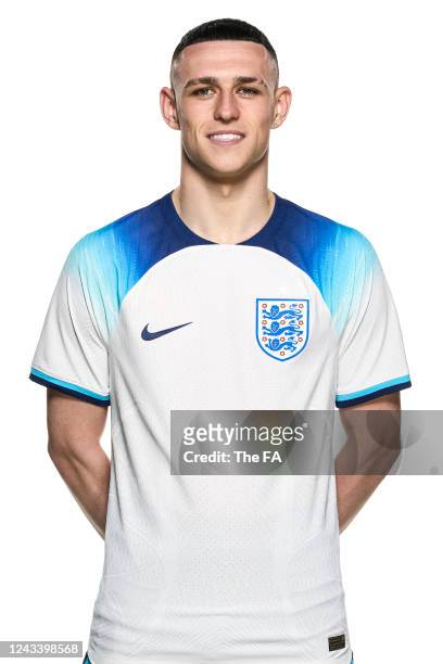 In this image released on September 21 Phil Foden poses during the England New Kit Launch at St George's Park on March 23, 2022 in Burton upon Trent,...