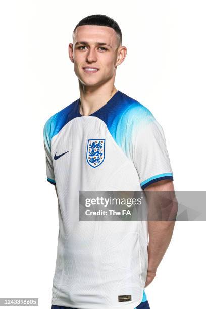 In this image released on September 21 Phil Foden poses during the England New Kit Launch at St George's Park on March 23, 2022 in Burton upon Trent,...