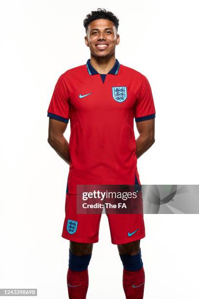 In this image released on September 21 James Justin poses during the England New Kit Launch at St George's Park on March 23, 2022 in Burton upon...