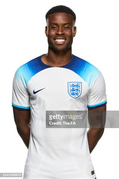 In this image released on September 21 Marc Guehi poses during the England New Kit Launch at St George's Park on March 23, 2022 in Burton upon Trent,...