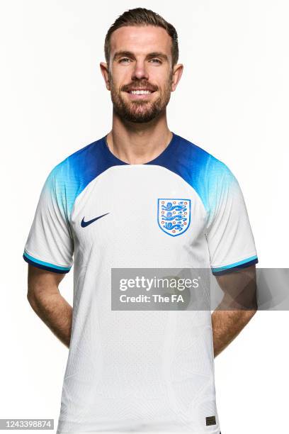 In this image released on September 21 Jordan Henderson poses during the England New Kit Launch at St George's Park on March 23, 2022 in Burton upon...