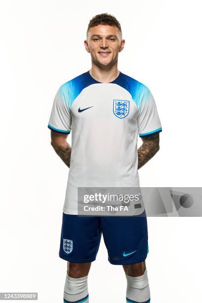 In this image released on September 21 Kieran Trippier poses during the England New Kit Launch at St George's Park on March 23, 2022 in Burton upon...