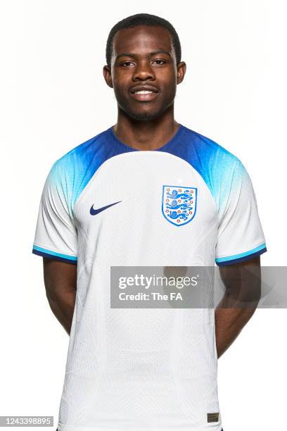 In this image released on September 21 Tyrick Mitchell poses during the England New Kit Launch at St George's Park on March 23, 2022 in Burton upon...