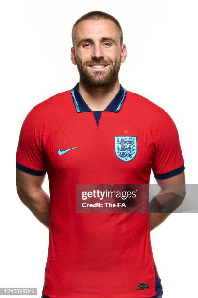 In this image released on September 21 Luke Shaw poses during the England New Kit Launch at St George's Park on March 23, 2022 in Burton upon Trent,...