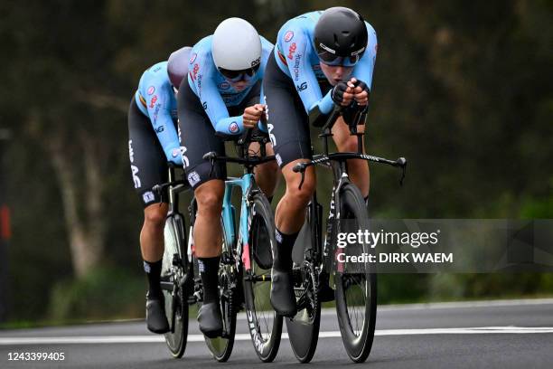 Belgian women riders pictured in action at the Mixed Team Relay time trial at the UCI Road World Championships Cycling 2022, in Wollongong,...