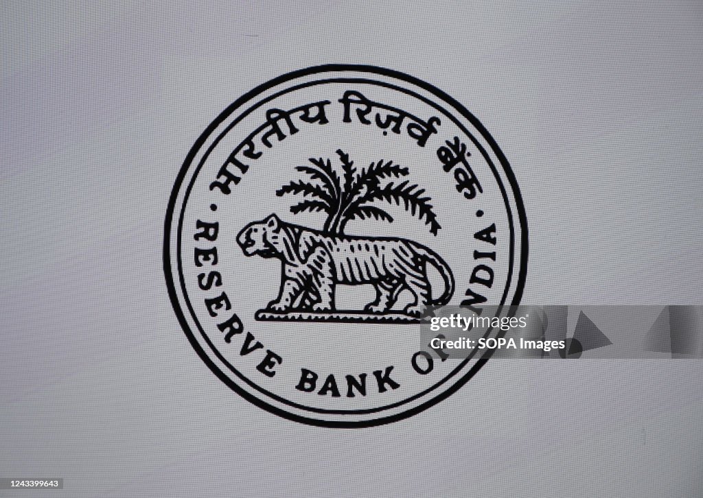 Indian Rbi A logo of the Reserve Bank of India is seen during the Global Fintech ...