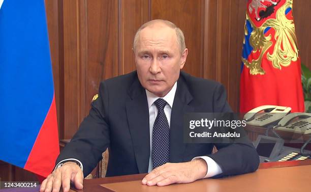 Russian President Vladimir Putin delivers a speech in televised address to nation to announce partial military mobilization in Russia, in Moscow,...