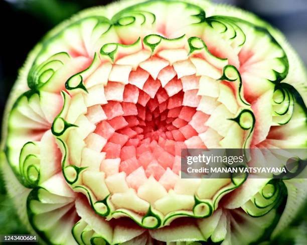 Carved watermelon is displayed during a fruit and vegetable carving competition at the 26th Thailand International Culinary Cup in Bangkok on...