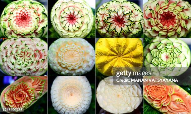This combination of pictures created on September 21, 2022 shows carved fruits and vegetables on display during a fruit and vegetable carving...