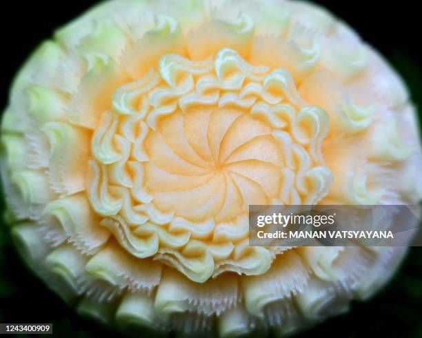 Carved melon is displayed during a fruit and vegetable carving competition at the 26th Thailand International Culinary Cup in Bangkok on September...