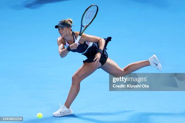 Paula Badosa of Spain plays in the Singles second round match against Zheng Qinwen of China during day three of the Toray Pan Pacific Open at Ariake...