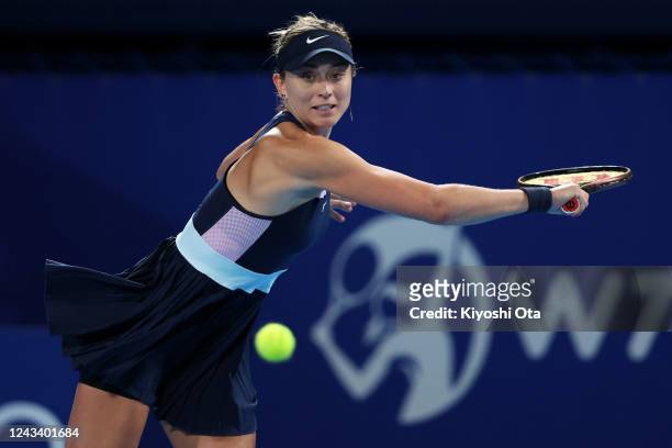 Paula Badosa of Spain plays a backhand in the Singles second round match against Zheng Qinwen of China during day three of the Toray Pan Pacific Open...
