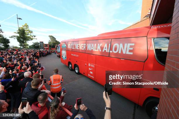 The Liverpool team bus with the words 'You'll Never Walk Alone' written on it arrives for the UEFA Champions League group A match between Liverpool...