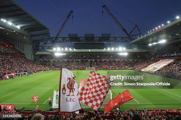 General view as building work continues on the Anfield Road stand whilst fans wave flags and banners in The Kop before the UEFA Champions League...