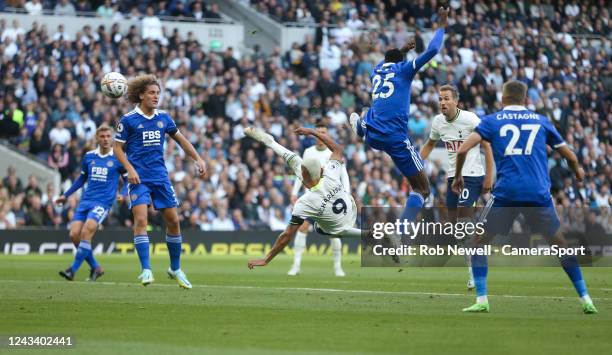 Tottenham Hotspur's Richarlison with an overhead kick during the Premier League match between Tottenham Hotspur and Leicester City at Tottenham...