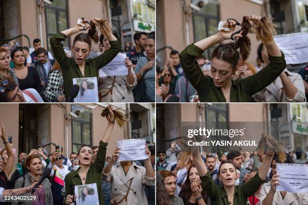 This combination of pictures created on September 21, 2022 shows from top left: Nasibe Samsaei, an Iranian woman living in Turkey, cutting off her...