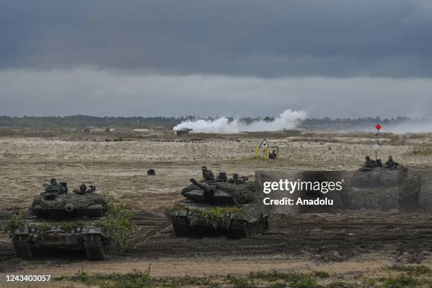 The Leopard battle tanks used by the Polish army, seen on the second day of joint military exercises, at the training ground in Nowa Deba, Poland on...