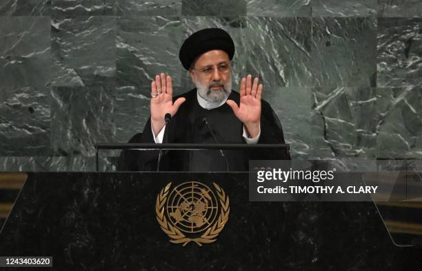 Iran's president Ebrahim Raisi addresses the 77th session of the United Nations General Assembly at the UN headquarters in New York on September 21,...