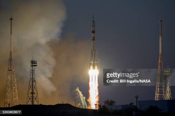 In this handout provided by NASA, the Soyuz MS-22 rocket is launched to the International Space Station with Expedition 68 astronaut Frank Rubio of...