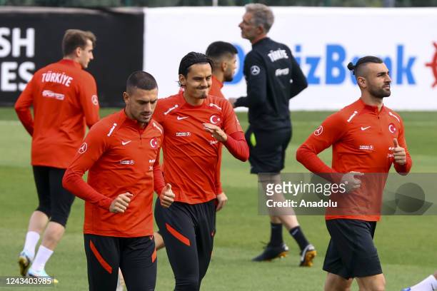 Merih Demiral , Enes Unal and Serdar Dursun of Turkiye attend a training session prior to the UEFA Nations C League Group 1 match against Luxembourg,...